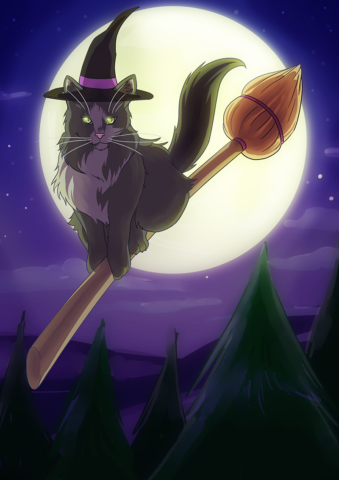 Full page digital painting. Pet cat as witch.