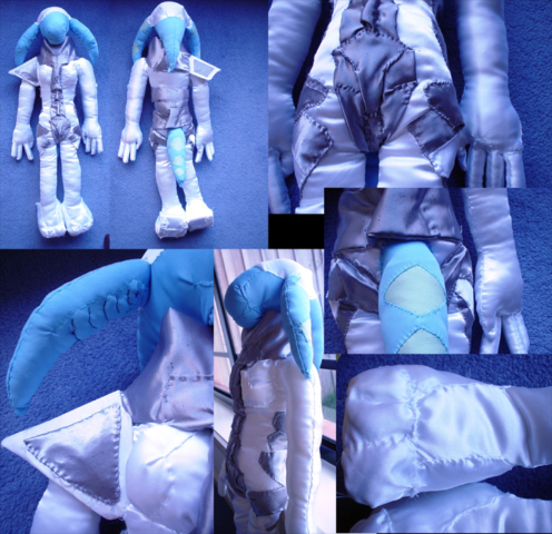 Custom alien plush gift. Assorted fabrics, dismembered cushion innards.