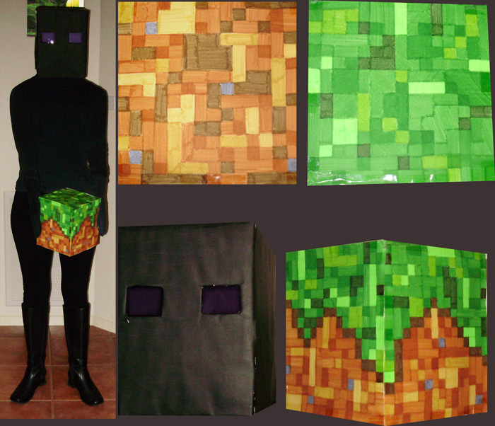 Enderman (Minecraft). Grass block from cardboard and texta. Box on the head. Good times.
