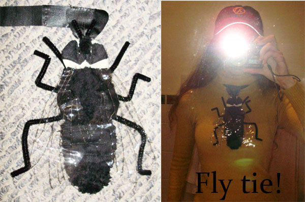 It's a tie. That is a fly. Fly tie! Sewn from scraps of material, pipe cleaner legs.