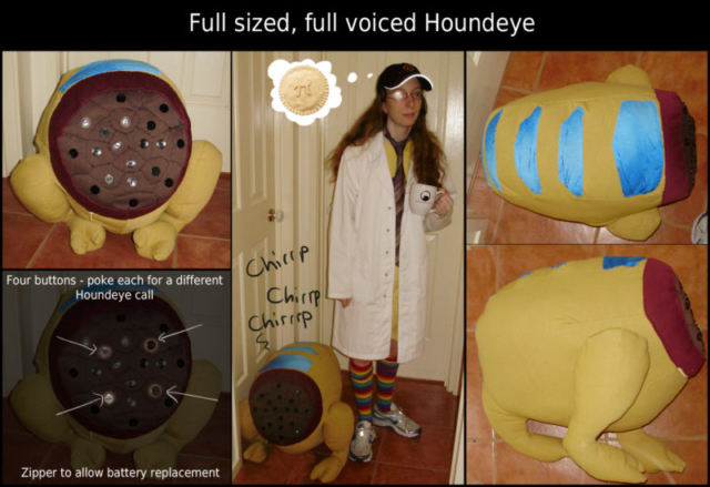 Houndeye (Half Life). Cloth, buttons, electronics courtesy of my partner. Life-sized, eye can be poked for appropriate chirping.