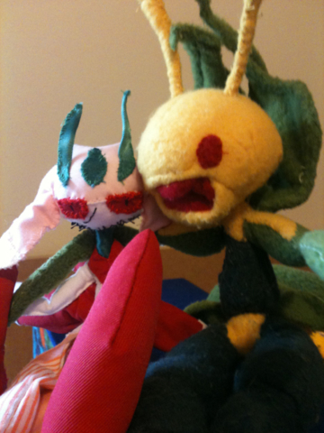 Selfie (Pokemon). Leavanny and Larry, both made of cloth and pipecleaners. Good buds.