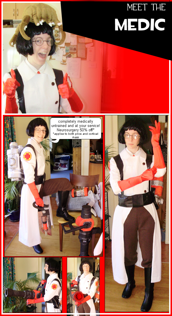 Medic cosplay (Team Fortress 2). Assorted materials, mostly paper mache and paint.