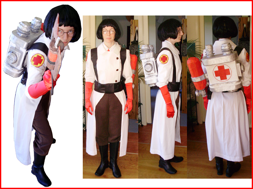 Medic cosplay (Team Fortress 2). Assorted materials, mostly paper mache and paint.