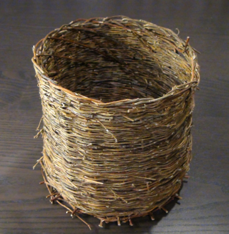 Wide cylindrical willow basket, thin weft